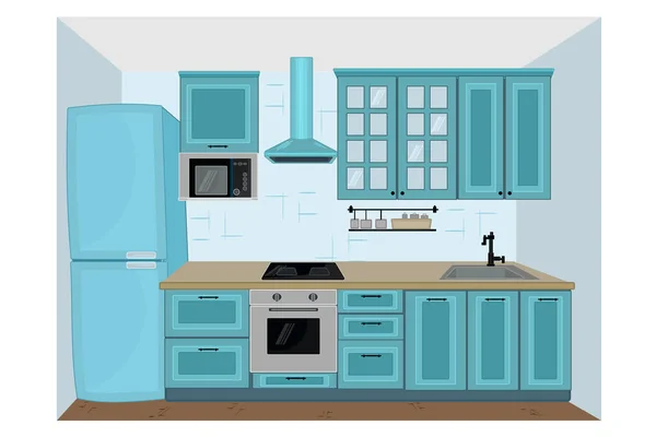 Kücheneinrichtung Küche Mit Möbeln Schrank Kühlschrank Herd Spüle Mikrowelle Regal — Stockvektor