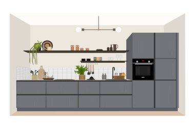 Modern mutfak iç mimarisi. Mobilyalı mutfak, dolap, buzdolabı, soba, lavabo, mikrodalga ve raf. Tasarım için iç mekan modülleri. Yemek pişirmek için çalışan yüzey. Stok vektör Resimlendirmesi