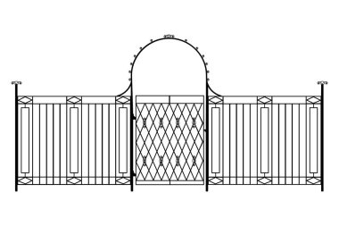 Dekoratif dökme demir işlemeli çit silueti ve beyaz arka planda sanatsal dövmesi var. Metal bariyerler. Çelik modüler parmaklıklar. Girdaplı eski bir kapı. Siyah dövülmüş kafes çiti. Stok vektör illüstrasyonu