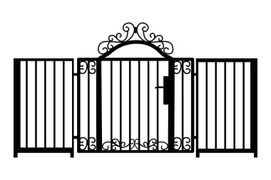 Dekoratif dökme demir işlemeli çit silueti ve beyaz arka planda sanatsal dövmesi var. Metal bariyerler. Çelik modüler parmaklıklar. Girdaplı eski bir kapı. Siyah dövülmüş kafes çiti. Stok vektör illüstrasyonu