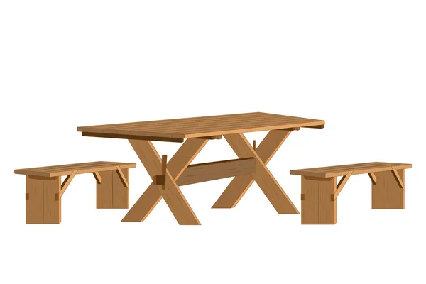 Picknicktisch Aus Holz Mit Isolierten Bänken Auf Weißem Hintergrund Set — Stockvektor