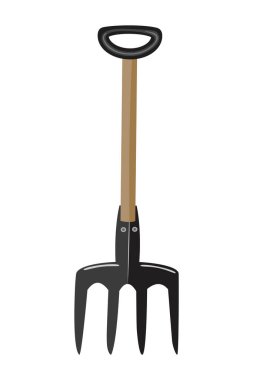 Pitchfork beyaz arka planda izole edilmiş. Tahta elli metal saman çatalı. Bahçıvanlık ve çiftçilik için çatal. Çiftlik işi aleti. Bahçe aleti. Tarımda saman ve kuru otlarla çalışmak için saman çatalı. Stok vektör illüstrasyonu