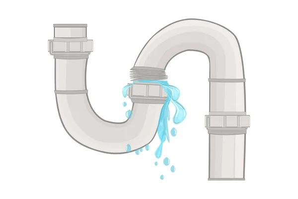 Instalatérské Potrubí Tekoucí Vodou Izolované Bílém Pozadí Únik Vody Plastové — Stockový vektor