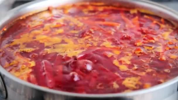 Cucinare zuppa russa di barbabietole borsch in casseruola. — Video Stock