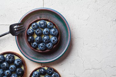 Yaban mersinli tart, çikolata ve krem peynir, üst manzara, fotokopi alanı. Vejetaryen tatlı konsepti.