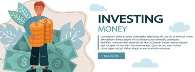 Büyük altın paralar tutan adamın karikatür çizimi. Para kazanmak, biriktirmek ve yatırım yapmak. Beyaz arkaplanda insan karakteri.