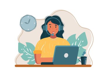 Vektör illüstrasyonu, müşteri hizmetleri, yardım hattı operatörü, 7 / 24 çevrimiçi küresel teknik destek, müşteri ve operatör vektörü