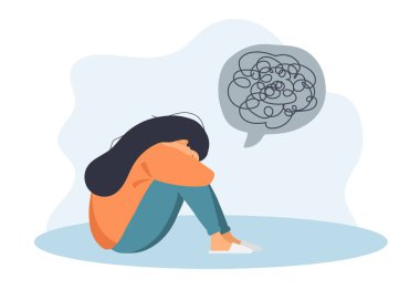 Depresyonda olan genç bir kadın, karışık bir durum, destek bir fırsat ve bir şanstır. Stres altında olanlar için vektör illüstrasyonu, destek kavramı.