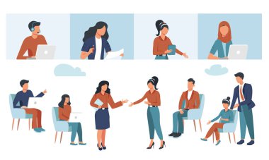 Çevrimiçi iş konferansı, yaratıcı illüstrasyonlar, iş adamları, çevrimiçi ortak toplantı, takım düşüncesi ve beyin fırtınası, şirket bilgi analitik vektörü, vektör illüstrasyonu