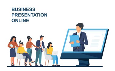 Çevrimiçi iş konferansı, yaratıcı illüstrasyonlar, iş adamları, çevrimiçi ortak toplantı, takım düşüncesi ve beyin fırtınası, şirket bilgi analitik vektörü, vektör illüstrasyonu