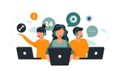 Müşteri hizmetleri, yardım hattı operatörleri kulaklıklı müşterilere danışırlar, 247 küresel çevrimiçi teknik destek, çağrı merkezi, çağrı işlem sistemi, vektör illüstrasyonu