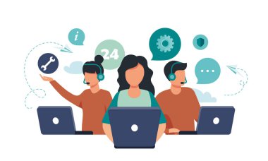 Müşteri hizmetleri, yardım hattı operatörleri kulaklıklı müşterilere danışırlar, 247 küresel çevrimiçi teknik destek, çağrı merkezi, çağrı işlem sistemi, vektör illüstrasyonu