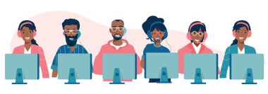 Canlı destek konsepti. Müşteri hizmetleri konsepti. Bizimle iletişim kurmak için simge, destek, yardım, telefon görüşmesi ve web sitesi tıklama. Düz vektör illüstrasyonu.