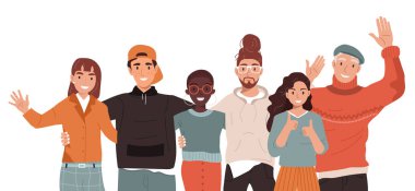 Takımımıza katıl. Takım çalışması, işbirliği, arkadaşlık konsepti. Çok kültürlü bir ekip. Çeşitlilikte birlik. Farklı milletlerden ve dinlerden insanlar çizgi film karakterleri.