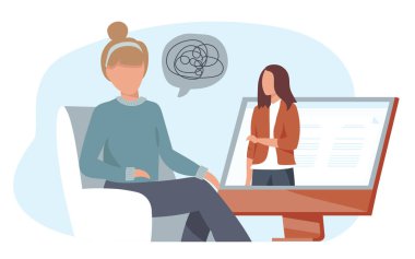 Doktor ve hasta zihinsel karmakarışık halatı tartışıyor, bilgisayarla uzaktan konuşma yapıyorlar. İnternette kadın danışman psikolog. Danışmanlık, terapi, psikoloji ve destek kavramı için vektör illüstrasyonu.