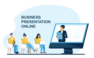 İş kadınları internette sunum dinliyor. Ekran, şirket, dizüstü bilgisayar düz vektör çizimi. Sancak, web sitesi tasarımı veya iniş web sayfası için iş toplantısı ve iletişim kavramı