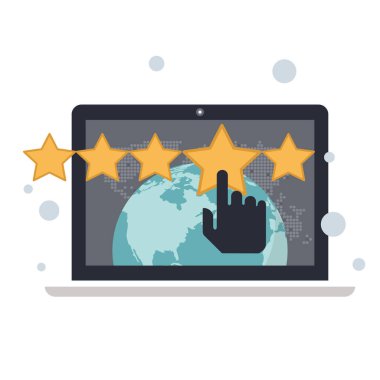 Geri bildirim. Müşteri hizmetleri illüstrasyonuna not veriyorum. Web sitesi değerlendirme ve değerlendirme konsepti. Düz vektör illüstrasyonu