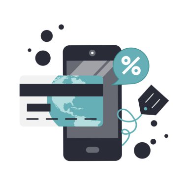 Hat alışverişinde ve ödeme yöntemlerinde. Cep telefonu ödemeleri. Tıklama başına ödeme ve online sipariş. Düz vektör illüstrasyonu