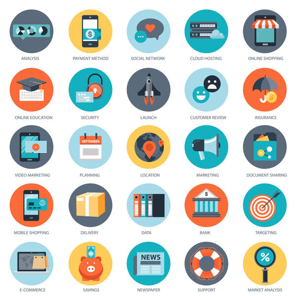 Business, technology, finances, management icon set for website and mobile apps. Flat vector illustration