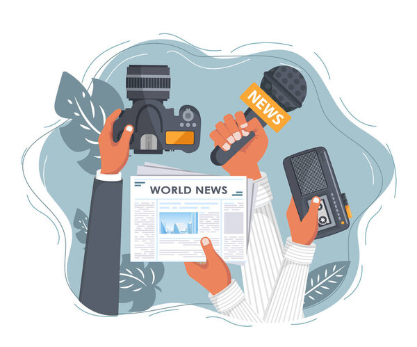 Journalism. Camera and photos. Mass media, television, interview, breaking news, press conference concept. Flat vector