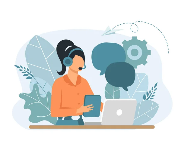 Vector Illustration Customer Service Hotline Operator Advises Customer Online Global — Stock Vector