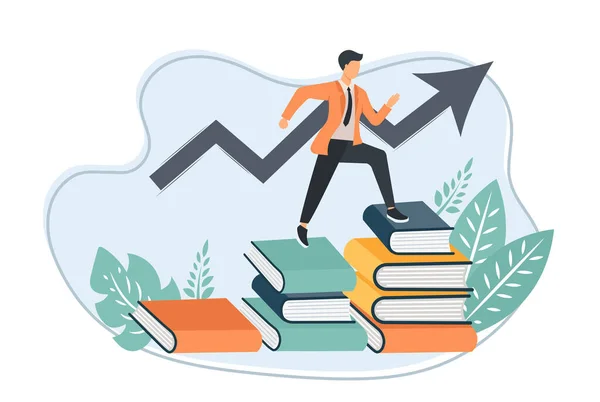 Vector Cartoon Illustration Successfull Man Going One Education Level Another — Stock Vector