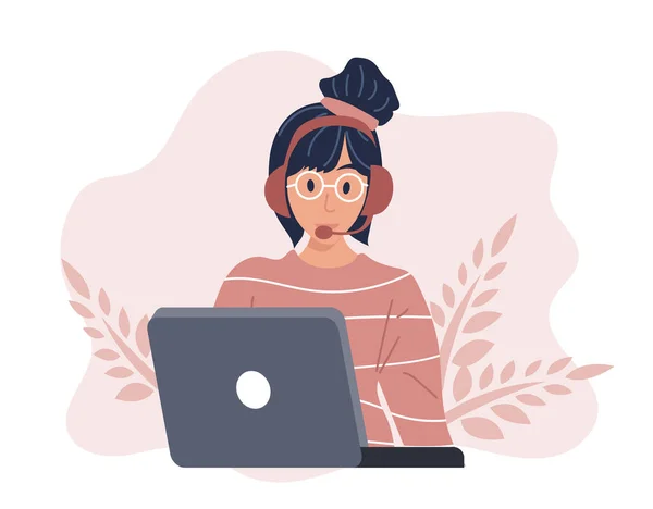 Página Destino Assistente Online Mulher Com Auscultadores Com Computador Ilustração — Vetor de Stock