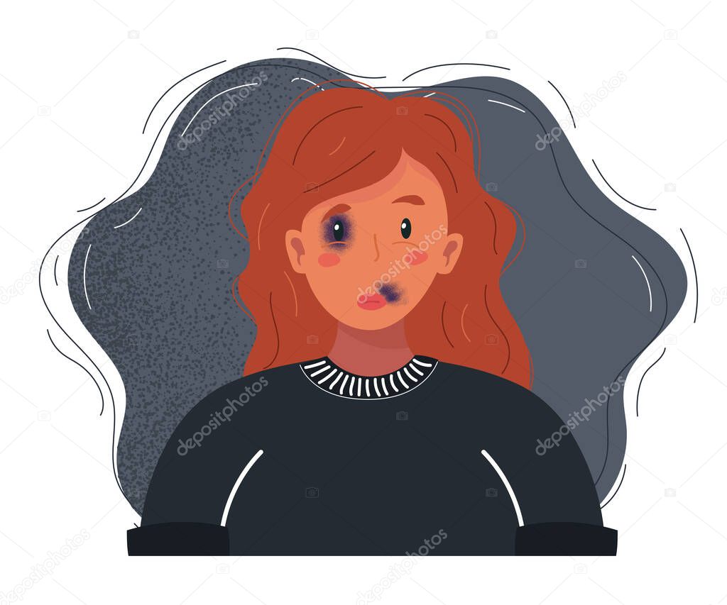 Cartoon vector illustration of young beautiful woman with bruises and abrasions on her face. Domestic violence, tyranny, despotism, women s rights, victim of house tyrant, Stockholm syndrome concept.