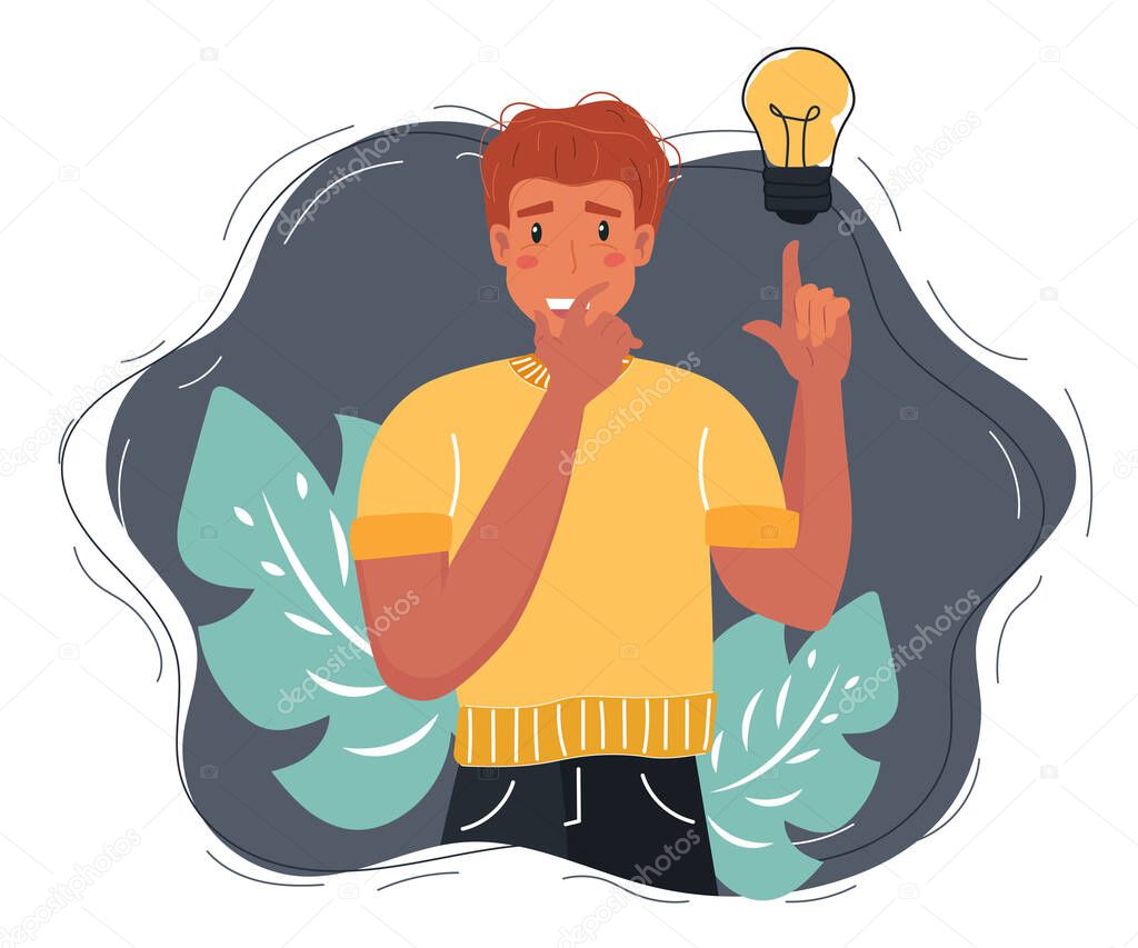 Vector illustration of young man have idea. Man having solution, ideas lamp bulb metaphor above. Creative thinking. Solved question. Man on white background.