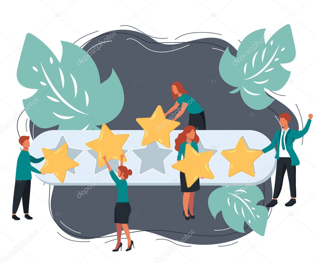 Concept of feedback, testimonials messages and notifications. Rating on customer service illustration. Five big stars with reviewer. Flat vector