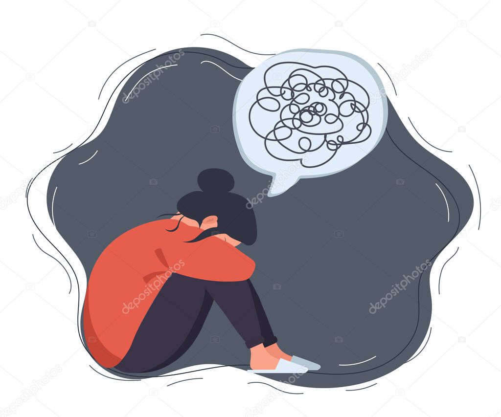 Young woman in a state of depression, confused situation, support is an opportunity and a chance. Vector illustration, support concept for those who are under stress.