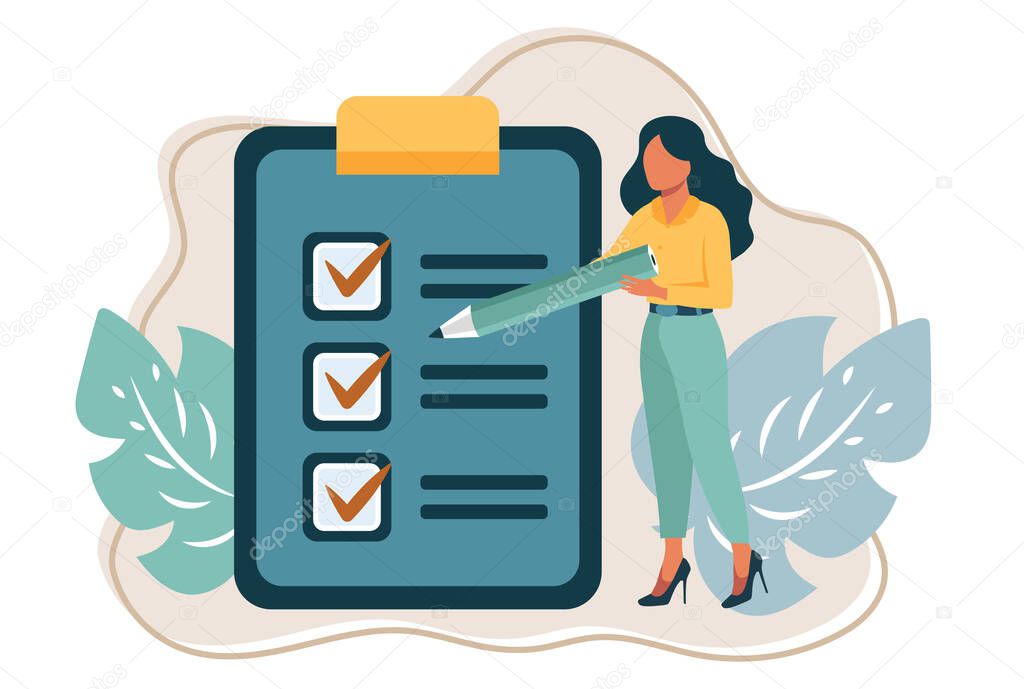 Businesswoman checking completed tasks on clipboard flat vector illustration. Cartoon woman writing survey or test with pencil. Success and business achievement concept