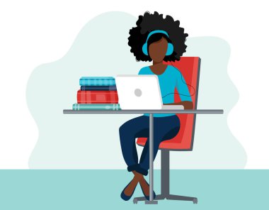 Ev işi kavramı, evden çalışan kadın, öğrenci ya da serbest çalışan. Düz biçimli vektör illüstrasyonu