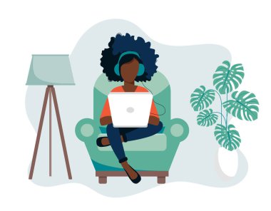 Ev işi kavramı, evden çalışan kadın, öğrenci ya da serbest çalışan. Düz biçimli vektör illüstrasyonu