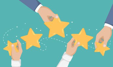 Geri bildirim kavramı, ifadeler, mesajlar ve bildirimler. Müşteri hizmetleri illüstrasyonuna not veriyorum. Beş büyük yıldız. Düz vektör