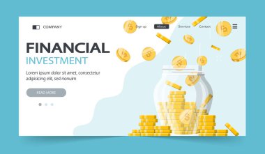 Büyüme, gelir, tasarruf, yatırım. Altın sikkeli cam para kavanozu. Tasarruf. Zenginliğin sembolü. İş başarısı. Düz biçim vektör illüstrasyonu.