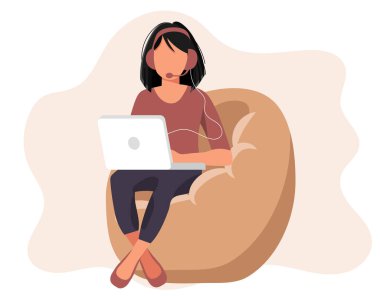 Ev işi kavramı, evden çalışan kadın, öğrenci ya da serbest çalışan. Düz biçimli vektör illüstrasyonu