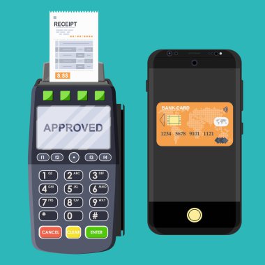 Pos terminali ve cep telefonu ödeme işlemi. Kablosuz, temassız ya da nakitsiz ödemeler, RFID NFC. Düz biçimli vektör illüstrasyonu