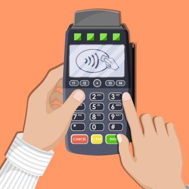 Modern Pos terminali hazır. Banka ödeme cihazı. Ödeme nFC tuş takımı makinesi. Kredi kartı okuyucusuyum. Düz biçimli vektör illüstrasyonu