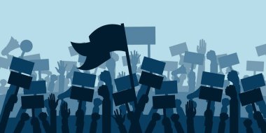 Protesto, devrim ya da çatışma için kavram. İnsanlar protestocular siluet kalabalık. Düz vektör çizim.