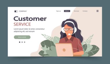 Online iniş sayfası asistanı. Kulaklıklı, bilgisayarlı bir kadın. Destek, yardım, çağrı merkezi kavramları. Teknik destek. Sanal yardım servisi. Düz olarak vektör illüstrasyonu.