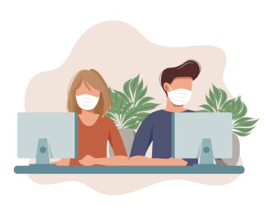 Sosyal mesafeli işyeri. Ofiste toplanan insanlar. Tıbbi maskeli bir adam ve bir kadın iş yerinde sosyal bir mesafeyi koruyorlar. Düz vektör illüstrasyonu