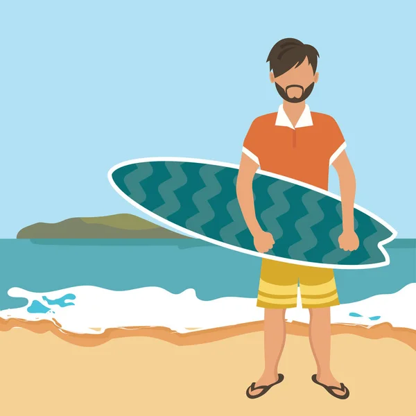 Surfer Man Het Strand Concept Voor Vakantie Vakantie Reizen Zomertijd — Stockvector