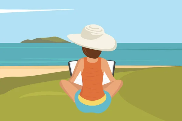 Mujer Sentada Playa Concepto Para Vacaciones Vacaciones Viajes Hora Verano — Vector de stock