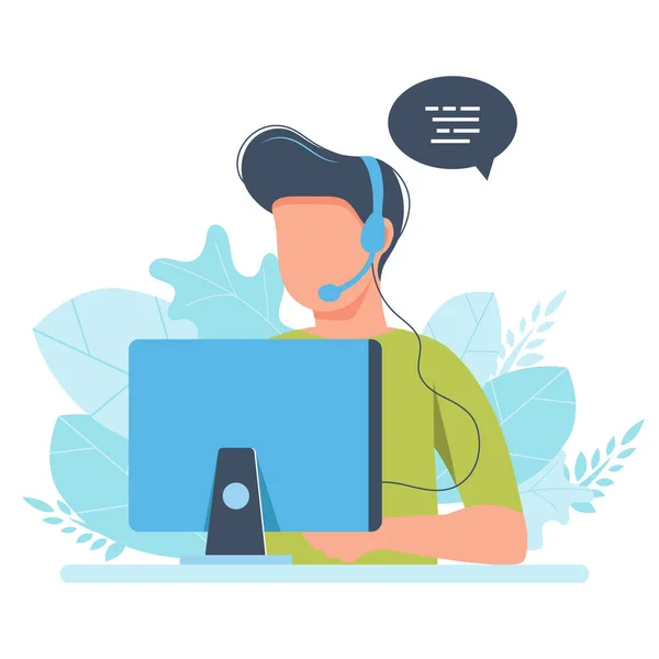 Online Assistant Man Headphones Computer Concept Illustration Support Assistance Call — Stock Vector