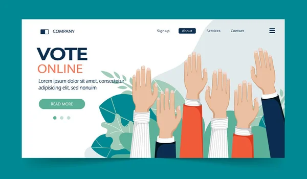Концепция Голосования Люди Подняли Руки Вверх Vote Online Landing Page — стоковый вектор