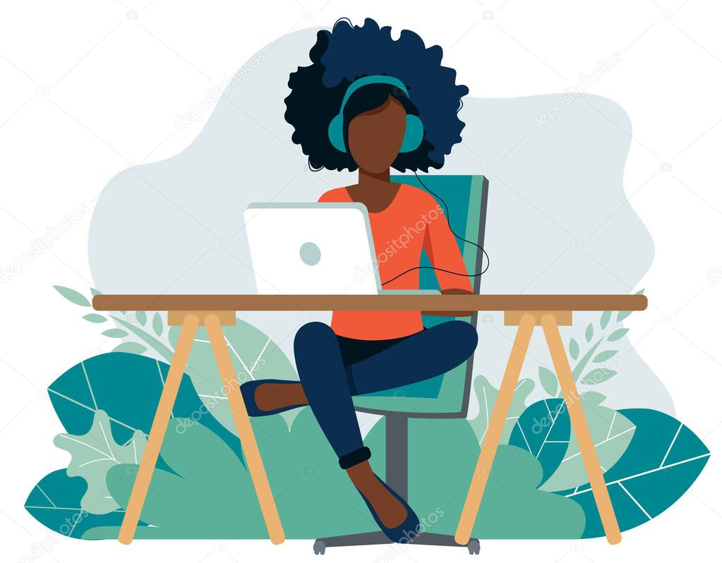 Home office concept, woman working from home, student or freelancer. Vector illustration in flat style