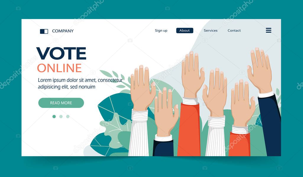 Voting concept. People's hands up in the air. Vote online landing page. Flat vector illustration