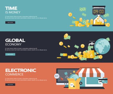 Finansal web sitesi afişleri. Zaman para, küresel ekonomi ve elektronik ticarettir. Düz vektör illüstrasyonu