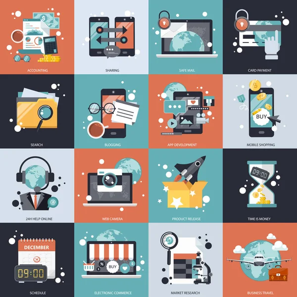 Business Tecnologia Gestione Icona Impostata Siti Web Applicazioni Mobili Illustrazione — Vettoriale Stock